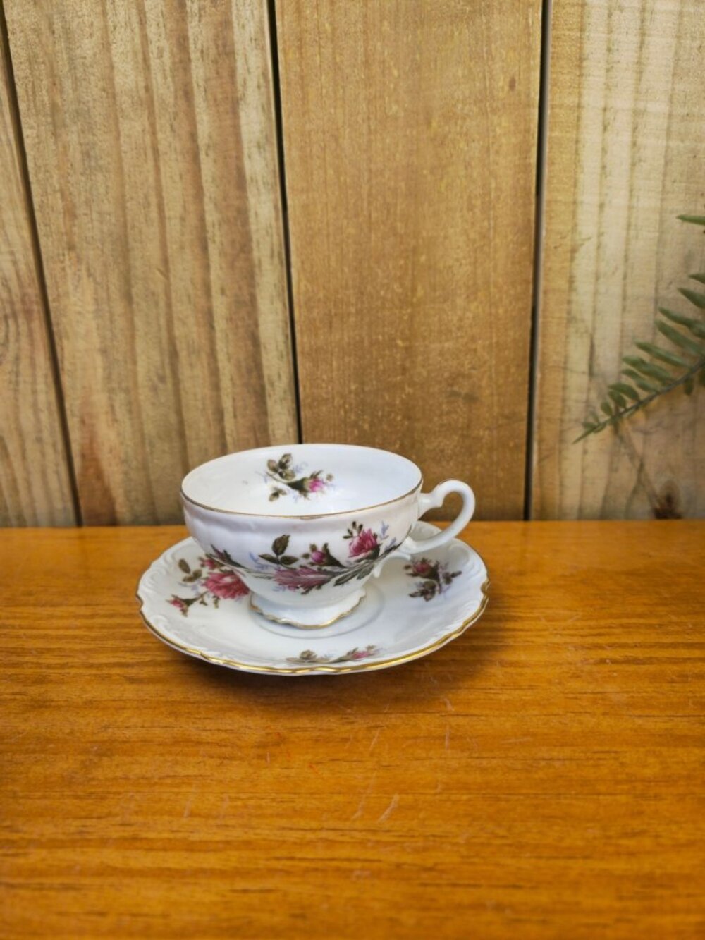Vintage Floral Bone China Teacup & Saucer With Gold Trim - Pink Rose Pattern - E